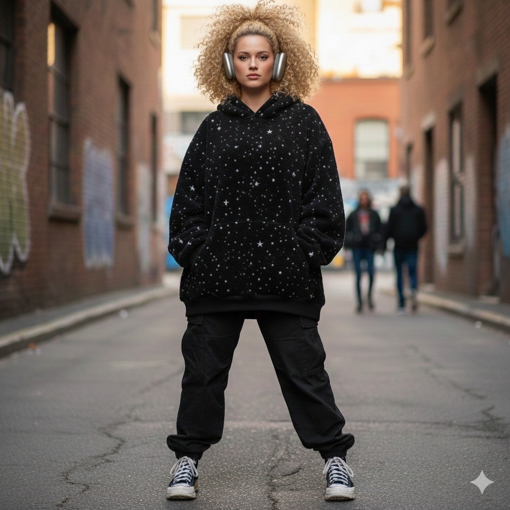 Giant Hoodies Black Star Print Cozy Fleece Hoodie Oversized